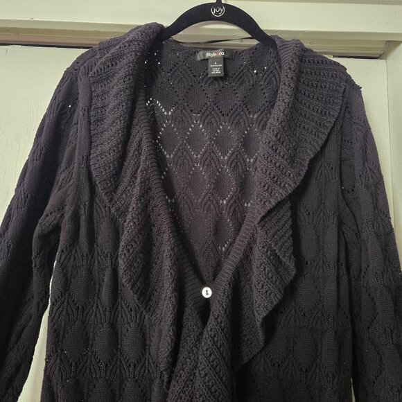 Style & Co. L Black Drape Front Cardigan Single Button Ruffle Knit 100% Cotton - Picture 2 of 5